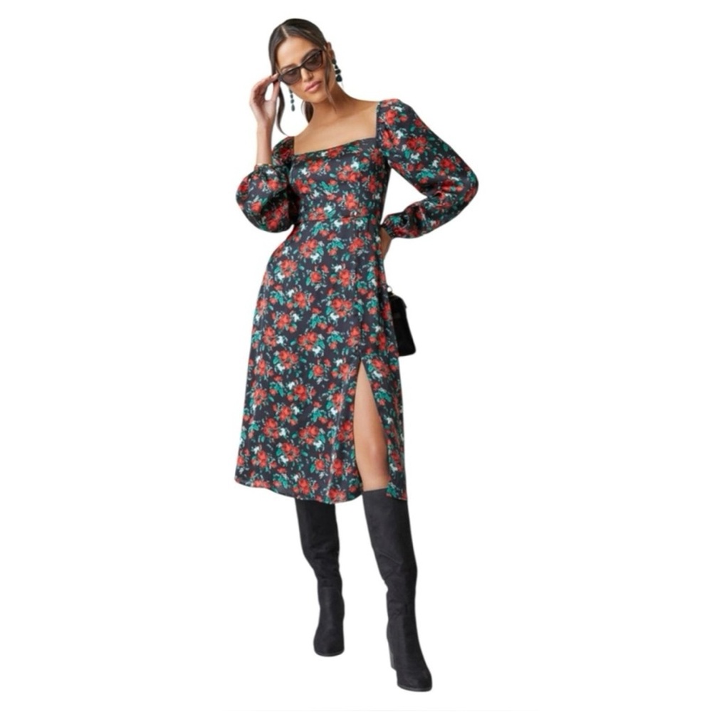Francesca's Audrey Parks Black & Red Floral Debbie Midi Satiny Dress 90s Vibe